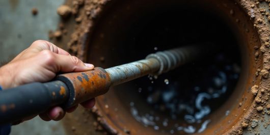 Une main tient un tuyau qui projette de l’eau dans l’ouverture d’une canalisation d’évacuation rouillée.