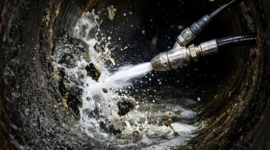 Jet d’eau à haute pression projetant des débris depuis l’intérieur d’une canalisation sombre.