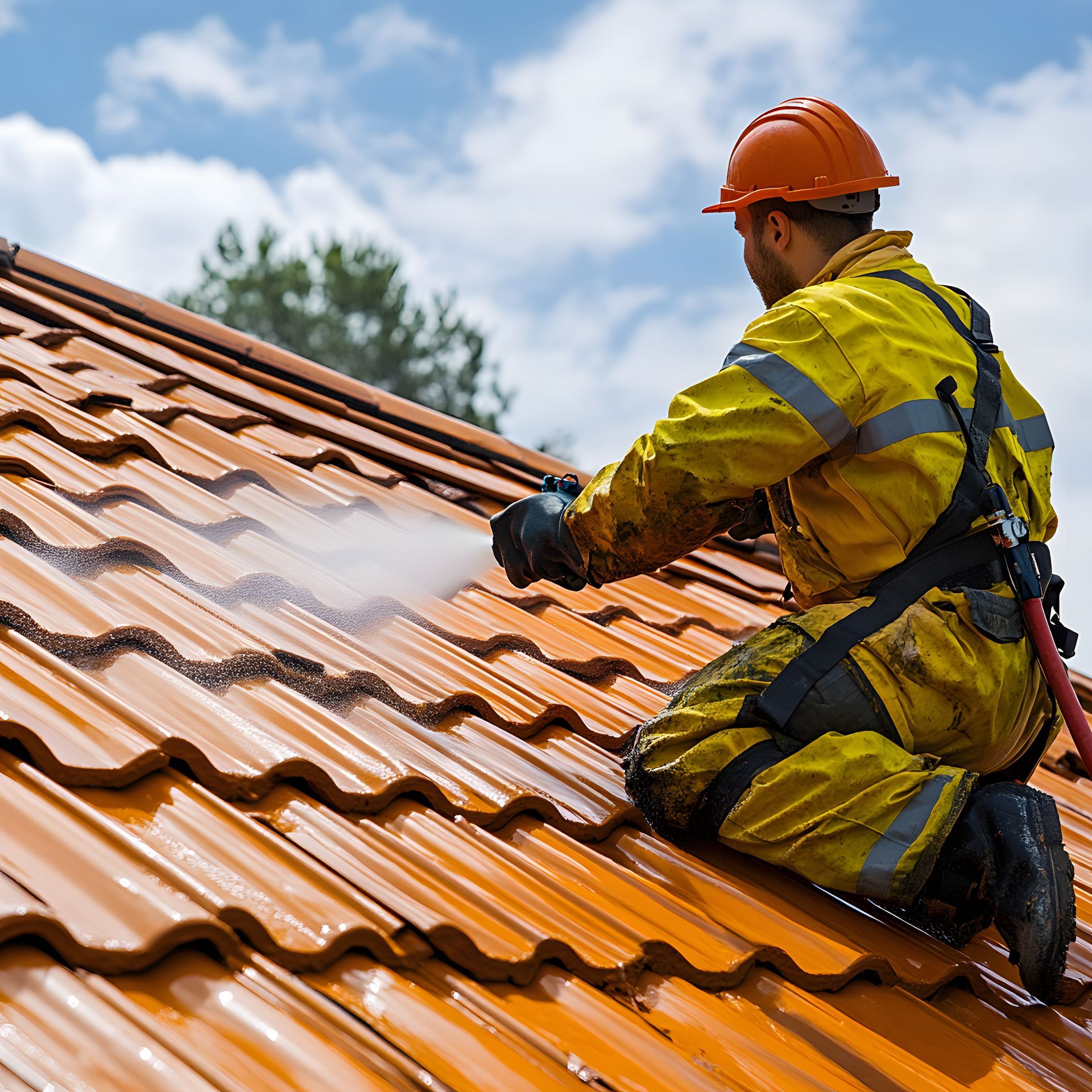 Une personne portant un équipement de sécurité nettoie à haute pression un toit en tuiles de terre cuite.