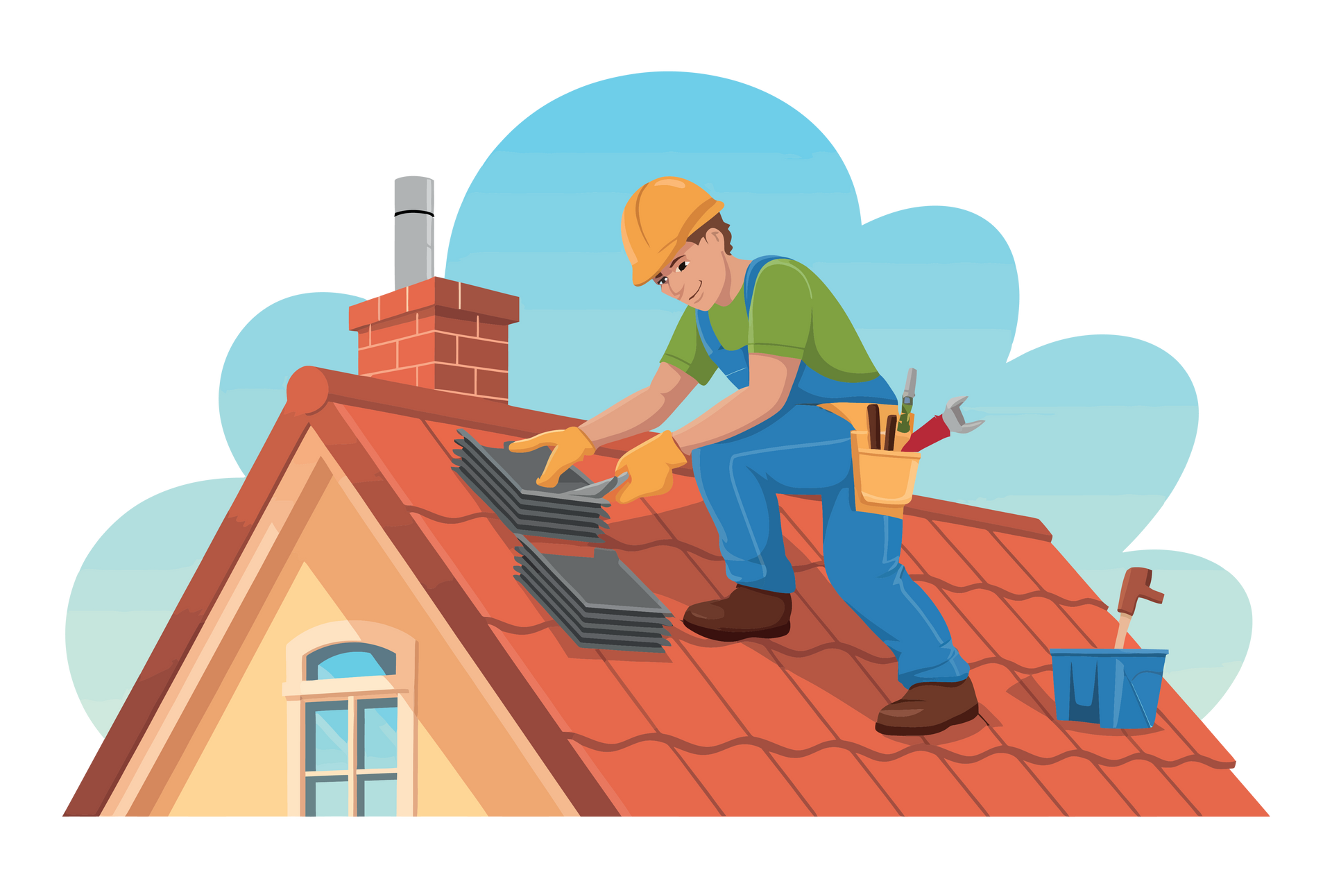 Un couvreur, portant un casque jaune et une salopette bleue, pose des bardeaux sur un toit de tuiles rouges.