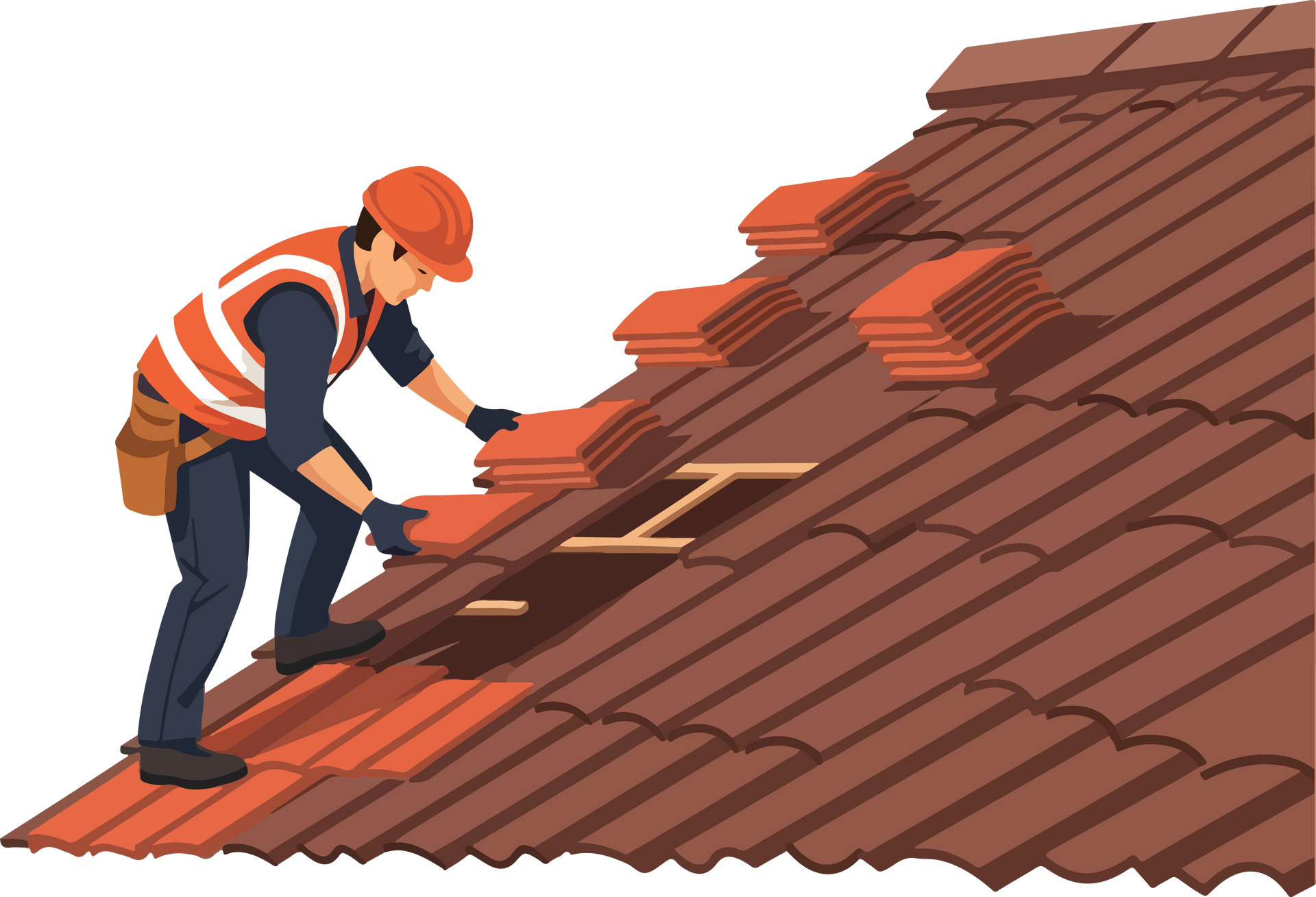 Un couvreur en gilet orange, casque et gants installe des tuiles en terre cuite sur un toit en pente.