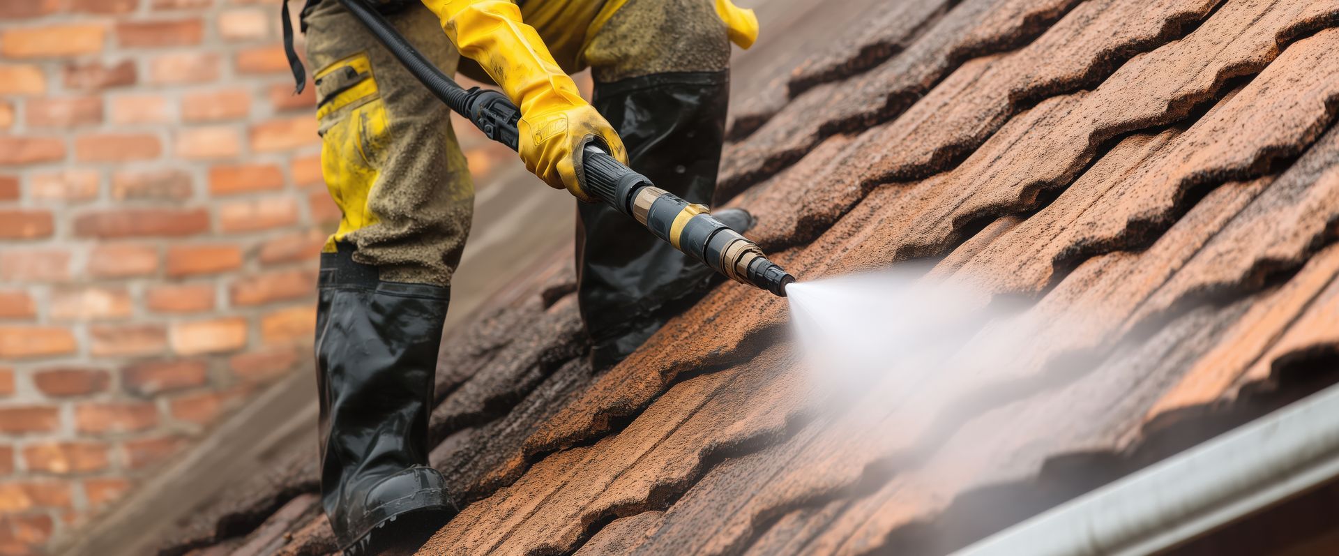 Une personne nettoie un toit de tuiles au nettoyeur à haute pression. Gants jaunes, bottes foncées, jets d'eau.