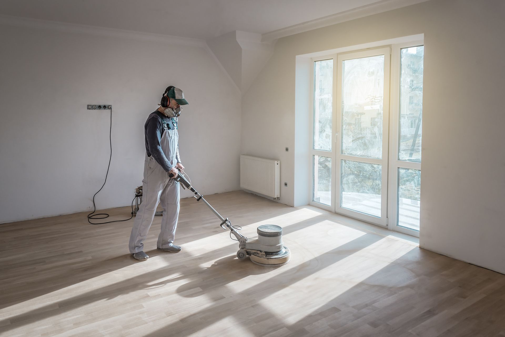 Technicien en plein ponçage de parquet en intérieur