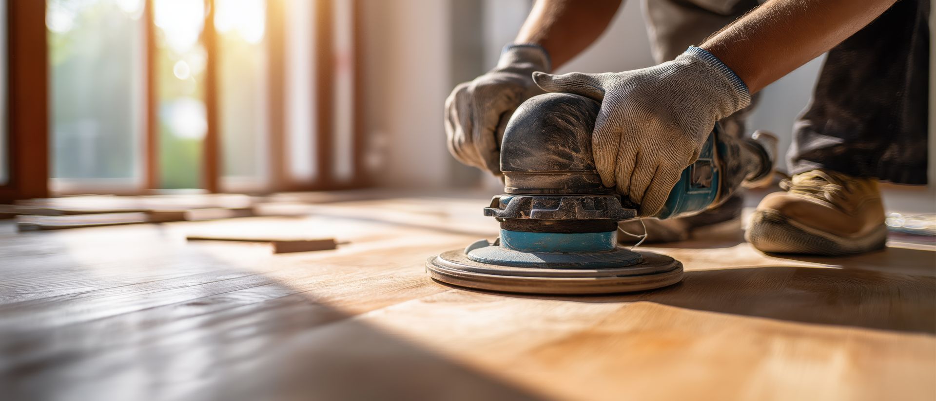 Ponçage de parquet à la main avec machine