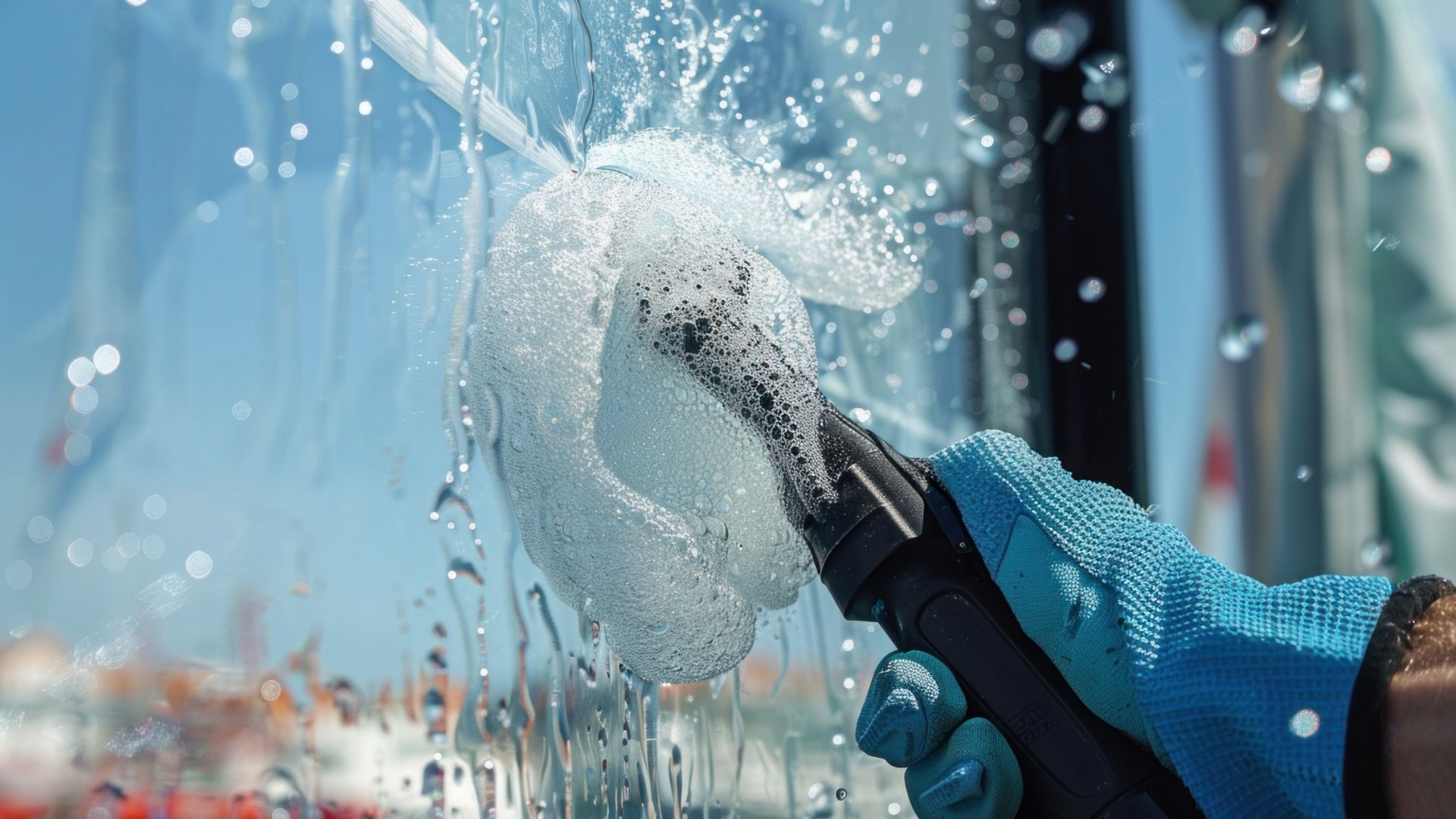 Une main tient une brosse de nettoyage sur une vitrine.