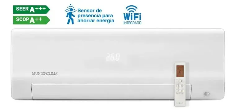 Aire acondicionado blanco de pared con mando a distancia e iconos de energía y Wi-Fi encima.