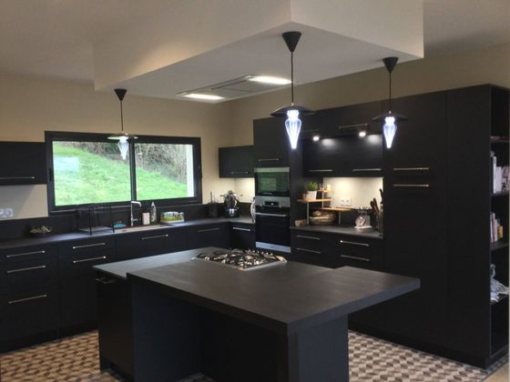 Cuisine moderne noire avec des luminaires 