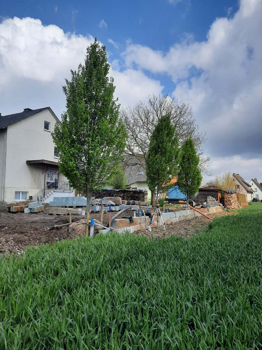 ein Haus steht auf einem Feld neben einem Feld mit Bäumen - Traumgärten Benjamin Biermeyer aus Soest
