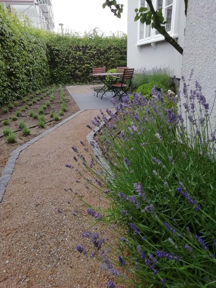 ein Garten mit lila Blumen und einem Tisch und Stühlen - Traumgärten Benjamin Biermeyer aus Soest