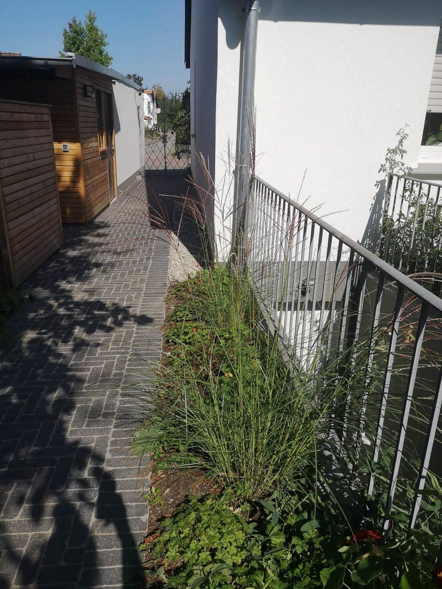 ein Gehweg neben einem weißen Haus mit einem Fahrrad darauf - Traumgärten Benjamin Biermeyer aus Soest