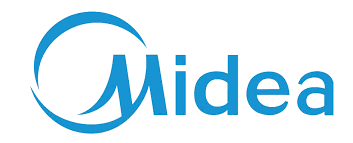 O logotipo da midea é azul e branco em um fundo branco.