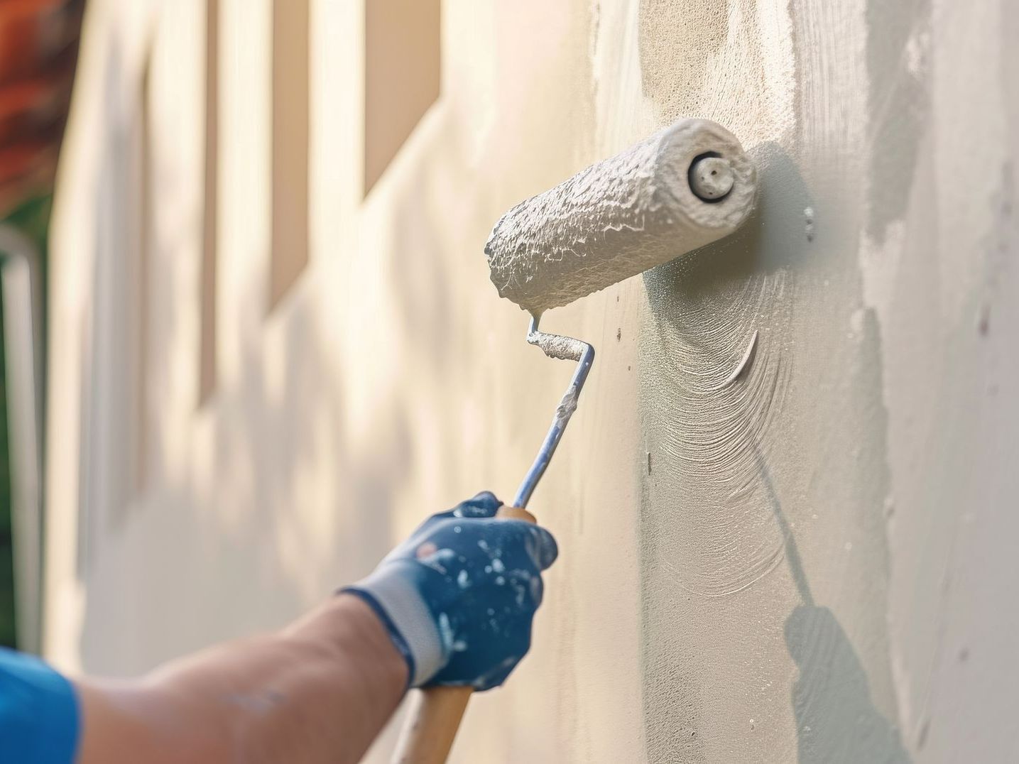 Homme qui peint une façade au rouleau
