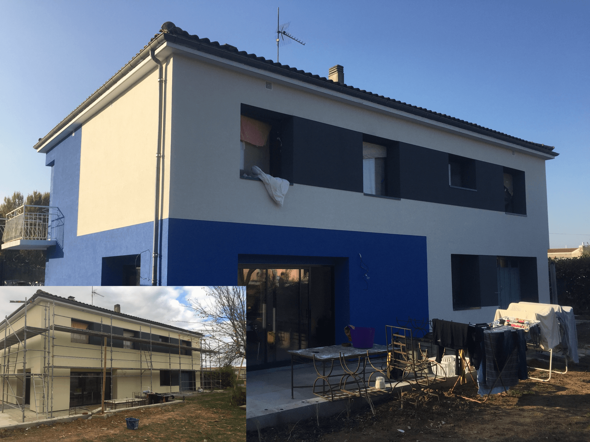 Rénovation d'une maison avec peinture bleue
