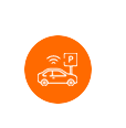 Un círculo naranja con un automóvil y una señal de estacionamiento dentro.