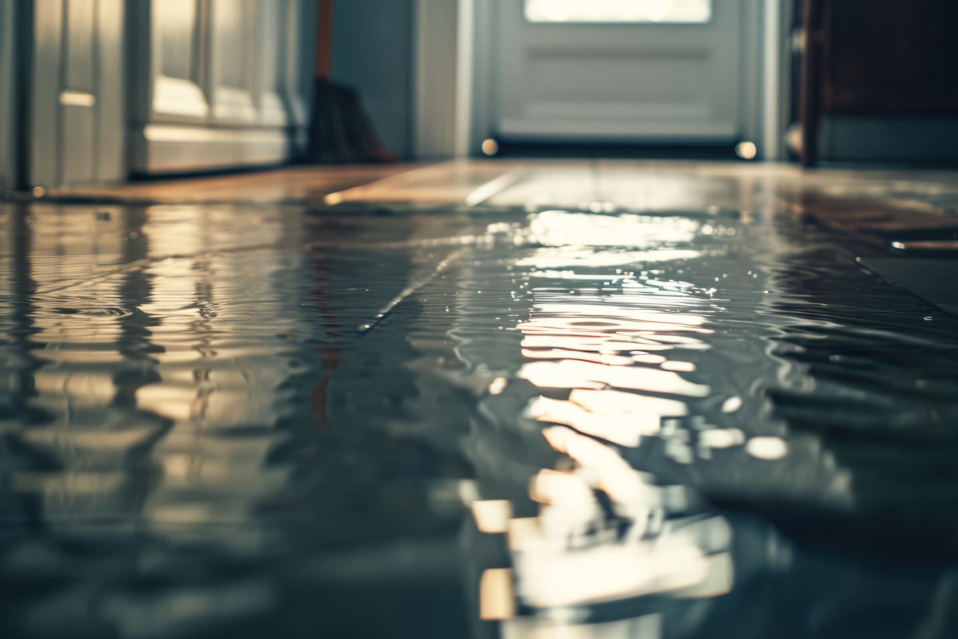 El agua inunda un suelo de madera en el interior, reflejando la luz.