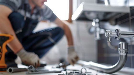Fontanero en un baño, agachado con herramientas, trabajando en tuberías cerca de un lavabo y un grifo.