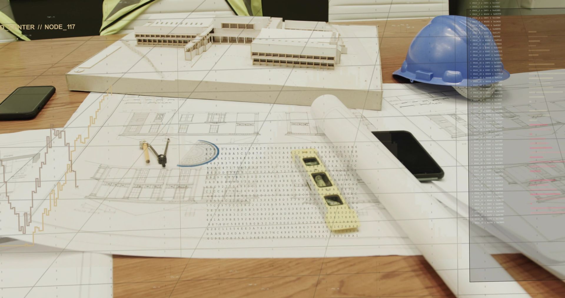 Maquette architecturale et plans d'étage étalés sur une table à dessin, avec un casque de chantier bleu et un plan enroulé.