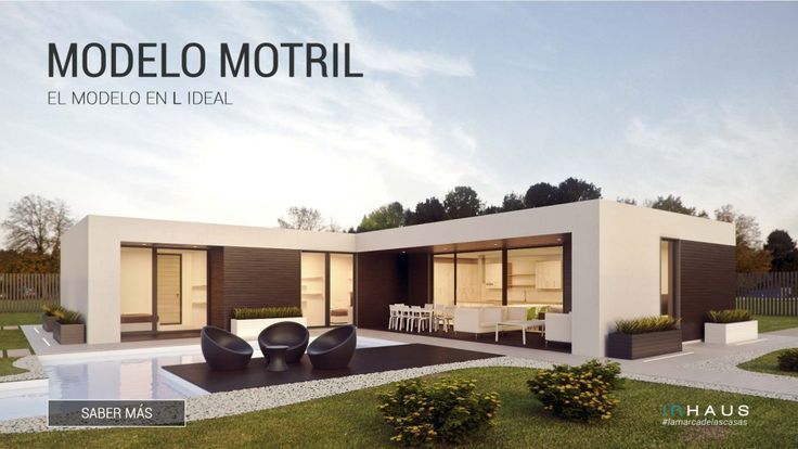 Casa moderna, blanca y con detalles en madera, modelo “Motril”, con asientos al aire libre y jardinería.