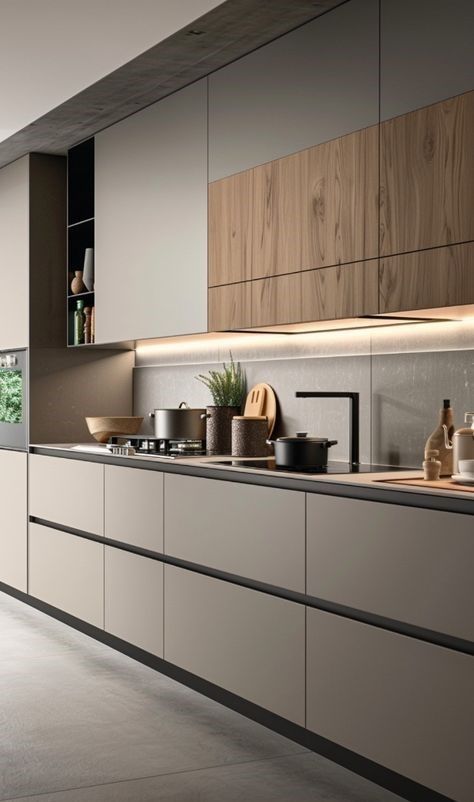 Cocina moderna con gabinetes neutros, detalles de madera e iluminación debajo de los gabinetes.