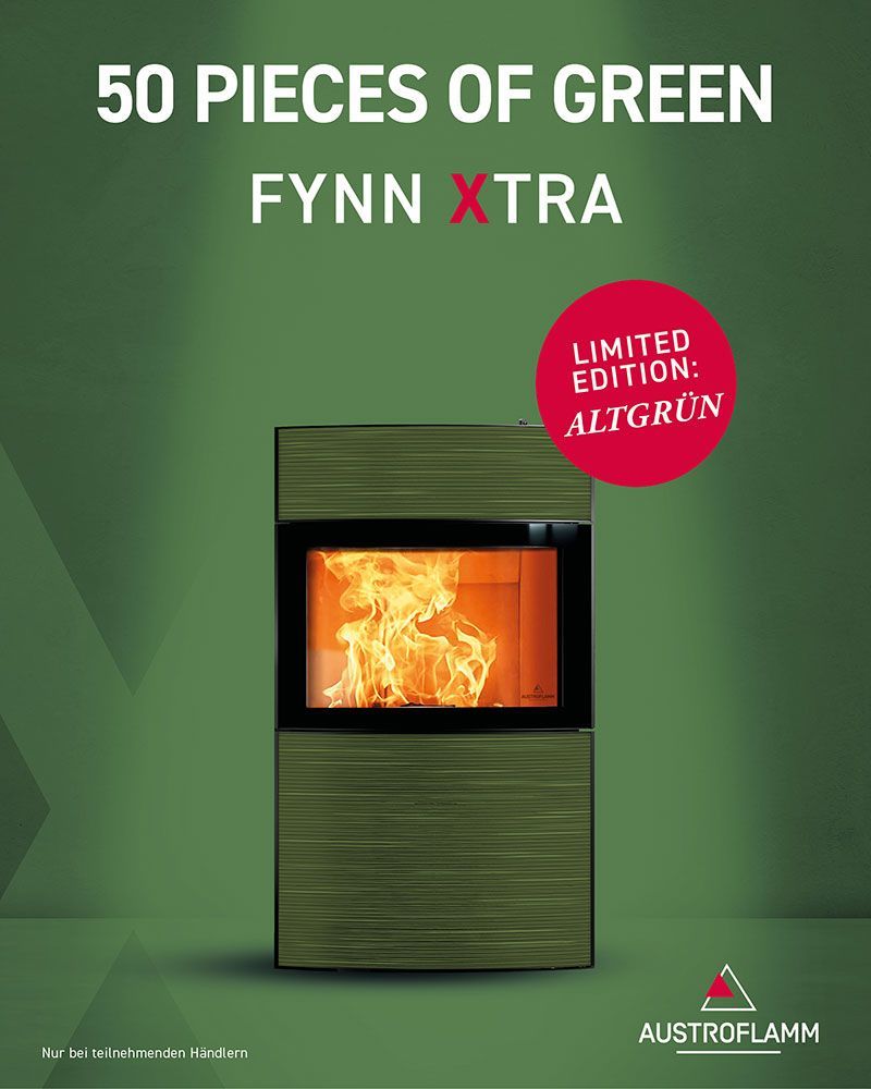Grüner Holzofen mit Flammen, Text: „50 Pieces of Green Fynn Xtra.“ Limitierte Auflage „Aligrun.“