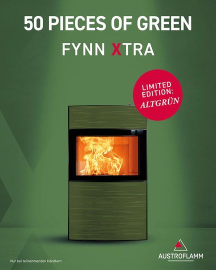 Grüner Holzofen mit Flammen, Text: „50 Pieces of Green Fynn Xtra.“ Limitierte Auflage „Aligrun.“