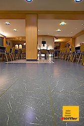 Ein großer Raum mit vielen Stühlen und Tischen.