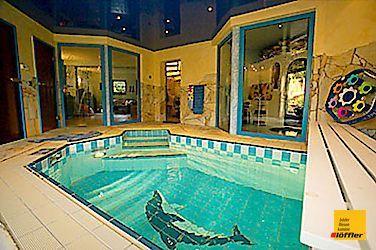 Ein großes Schwimmbecken mit einem Delphin darin