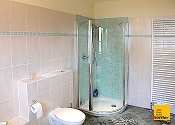 Ein Badezimmer mit Toilette, Dusche und Handtuchhalter.