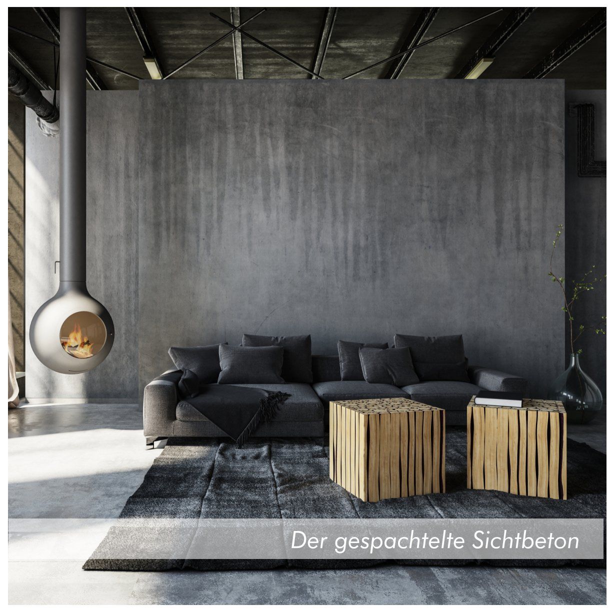 Wohnzimmer mit Wänden und Boden in Betonoptik, einem runden schwebenden Kamin, hellen Holzwürfeln und einem schwarzen Sofa