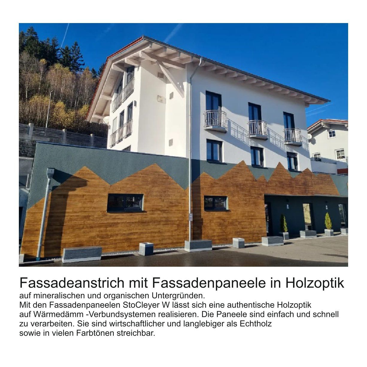 Fassadenanstrich mit Fassadenpaneelen in Holzoptik eines Unternehmens