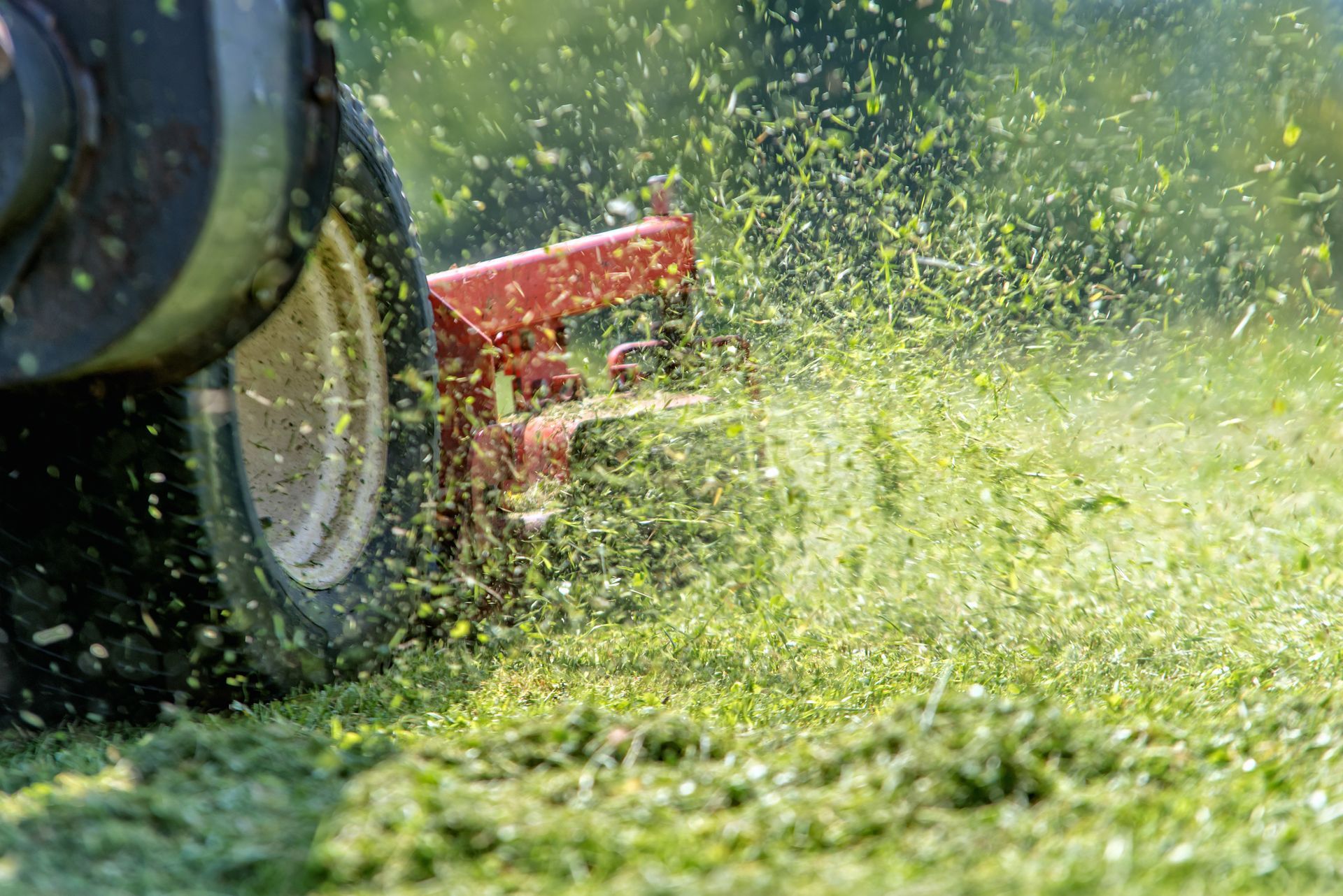 Une roue de tracteur et un plateau de coupe coupent de l'herbe haute, les brins d'herbe volant dans les airs.