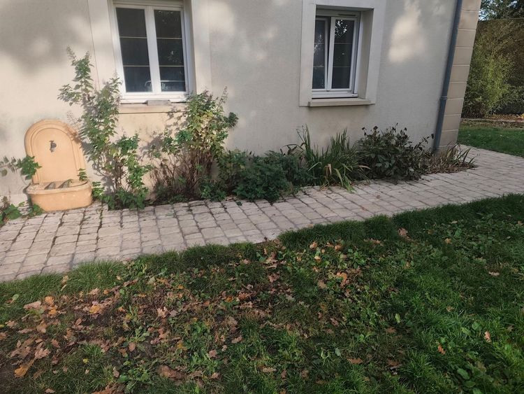 Un mur de maison aux tons clairs, percé de deux fenêtres, une petite fontaine et un parterre de fleurs bordant une allée de pierres au bout d'une pelouse.