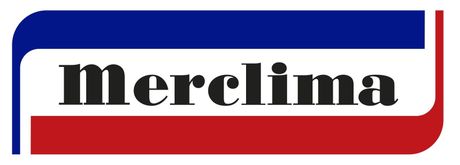 El logotipo de Merclima con texto negro en negrita entre un borde superior azul y un borde inferior rojo.