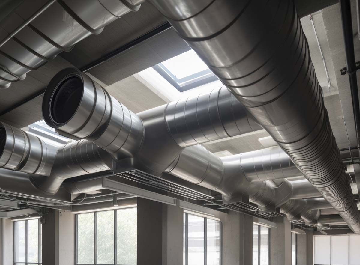 Una habitación grande con muchas tuberías que salen del techo.