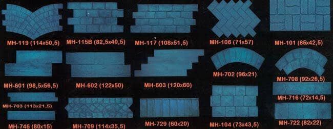 Se muestran diversas formas y tamaños de azulejos azules, cada uno con un código y dimensiones que se detallan a continuación.