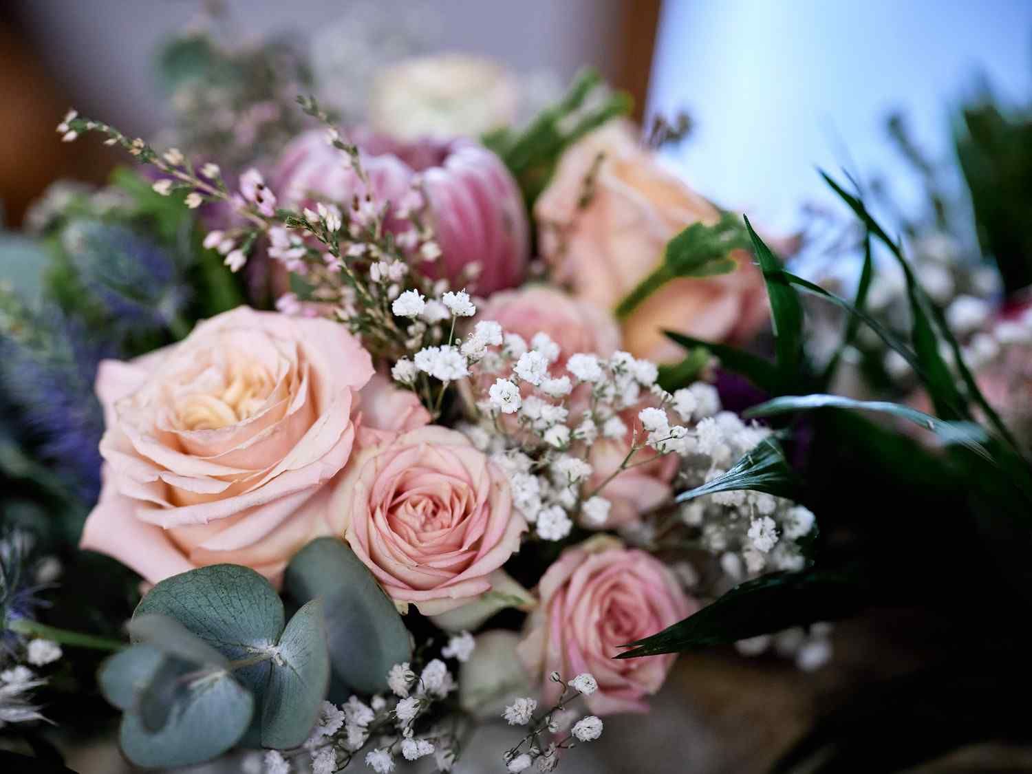 Rosas rosas y blancas con paniculata y eucalipto en un ramo