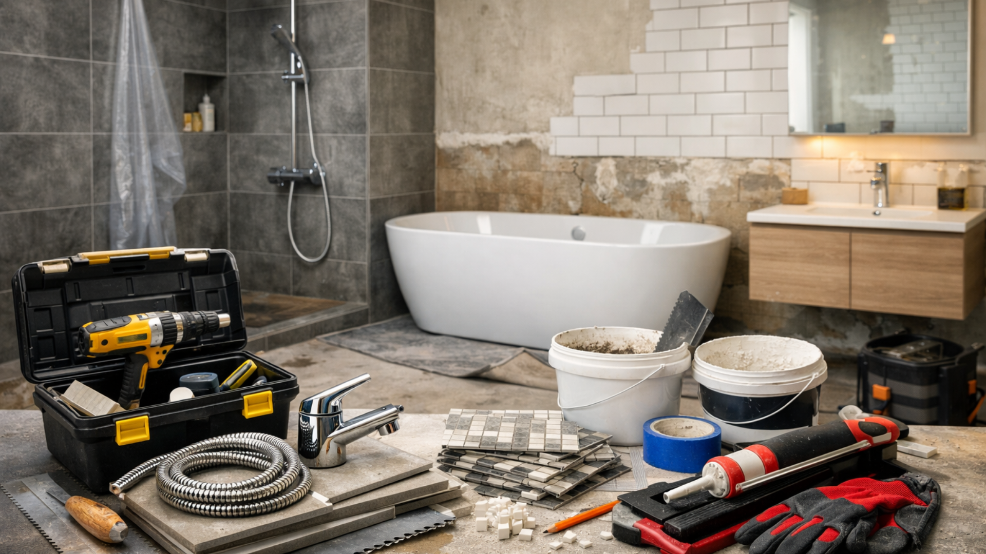 Rénovation de salle de bain : outils et matériaux éparpillés autour d’une baignoire, d’une douche et d’un meuble-lavabo.