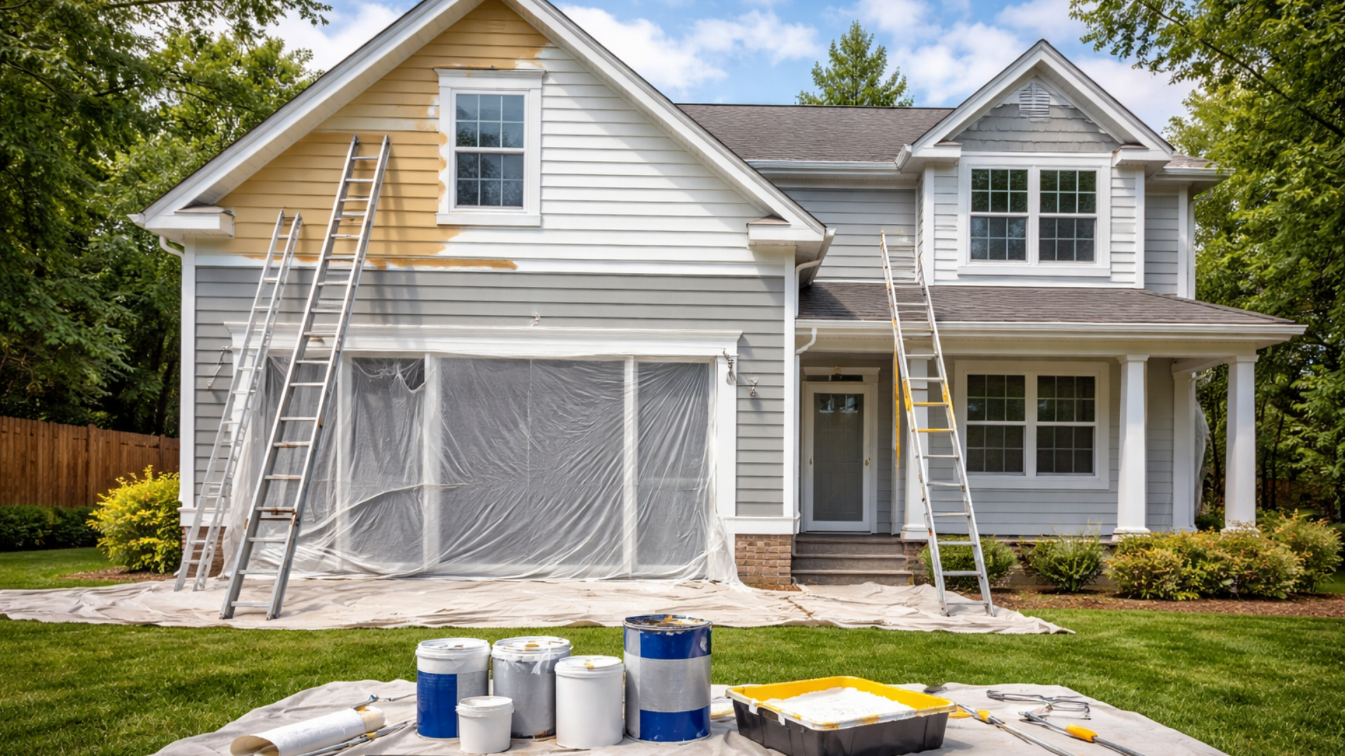 Peinture extérieure de la maison ; échelles et matériel de peinture sur la pelouse.