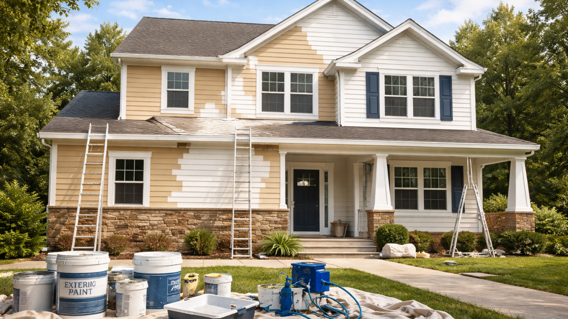 Peinture extérieure de la maison en cours ; échelles et seaux de peinture visibles.
