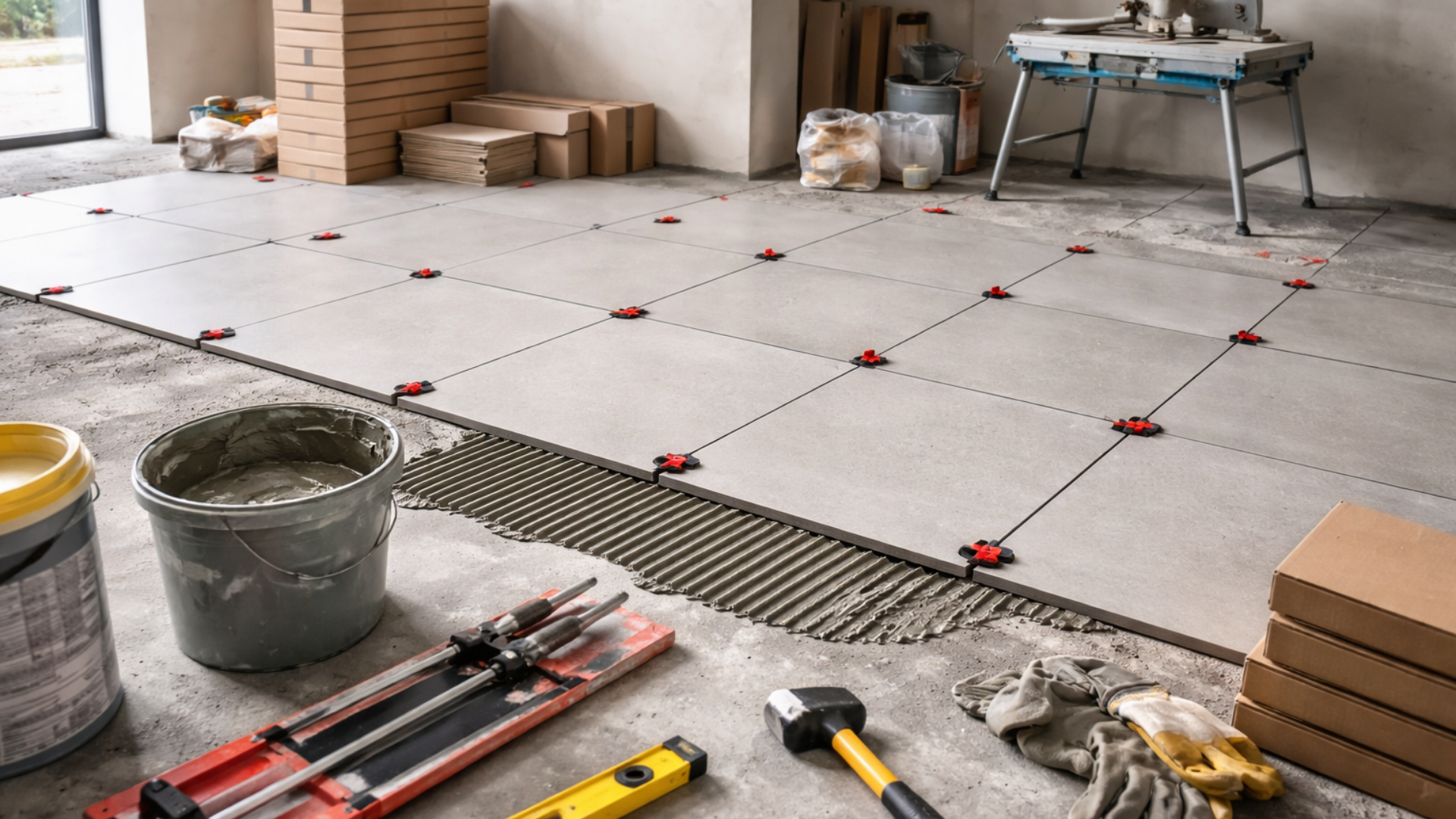 Pose de carrelage en cours avec outils, mortier et carreaux.