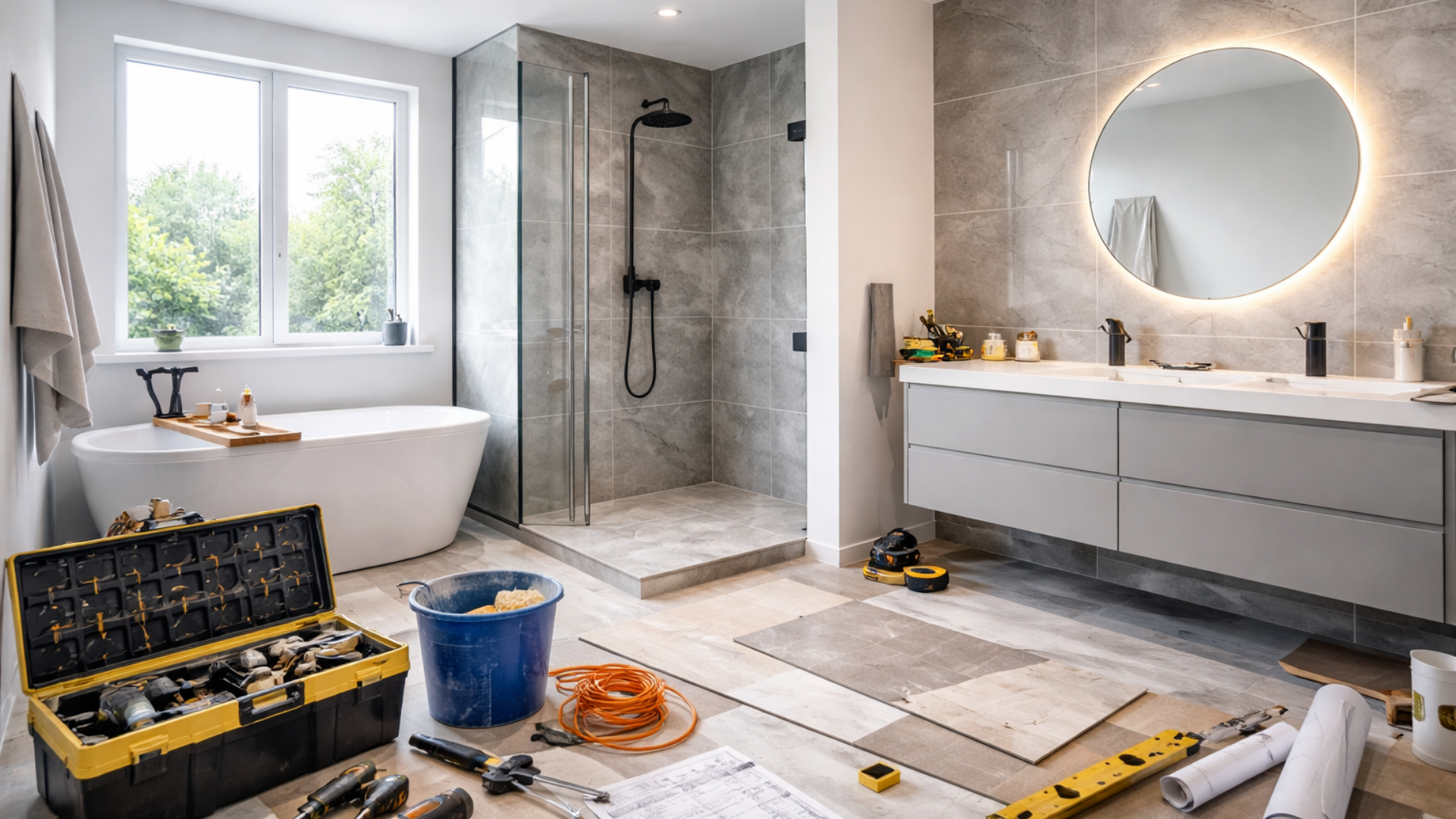 Scène de rénovation de salle de bain avec baignoire, douche et meuble-lavabo. Outils et matériaux éparpillés sur le sol.