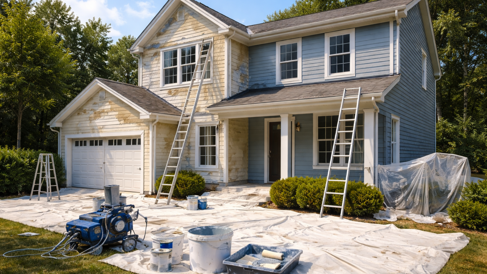 Maison en cours de peinture bleue et beige, échelles, matériel de peinture sur une pelouse recouverte d'une bâche.
