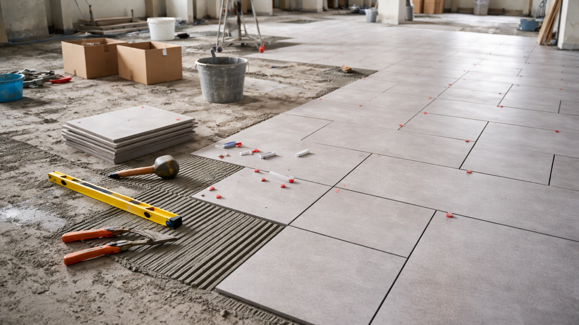 Pose de carrelage en cours : carreaux, mortier, outils et croisillons sur un sol en béton.