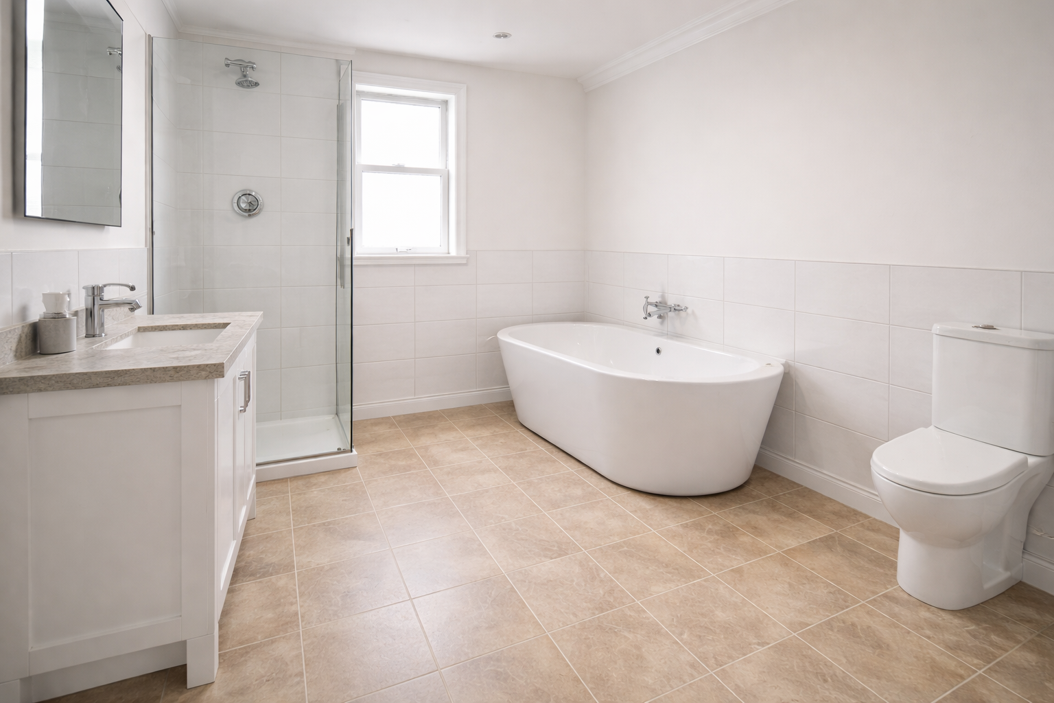 Salle de bains avec murs blancs, carrelage beige au sol, baignoire îlot, toilettes et douche.