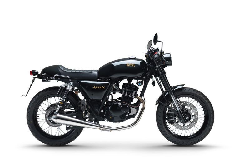 Auf weißem Hintergrund ist ein schwarzes Motorrad abgebildet.