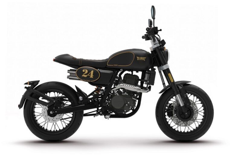 Auf weißem Hintergrund ist ein schwarzes Motorrad abgebildet.
