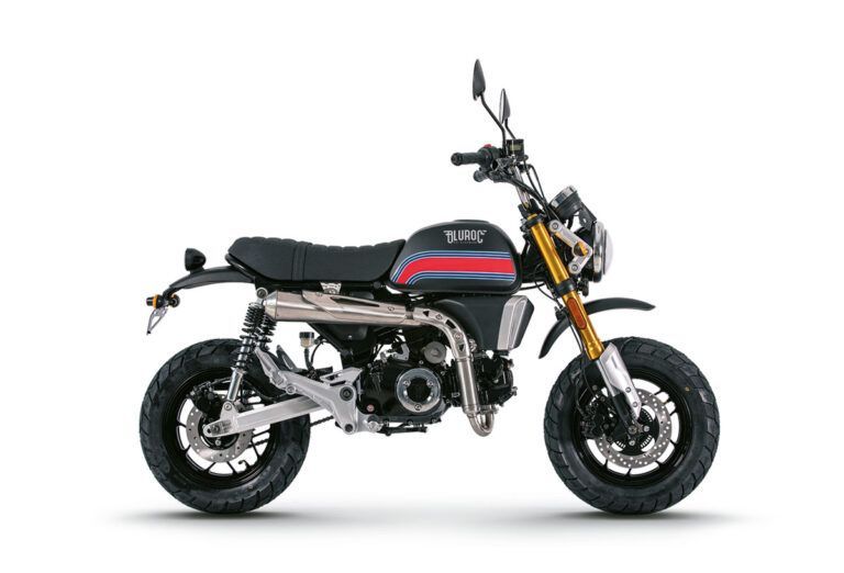 Auf weißem Hintergrund ist ein schwarzes Motorrad abgebildet.