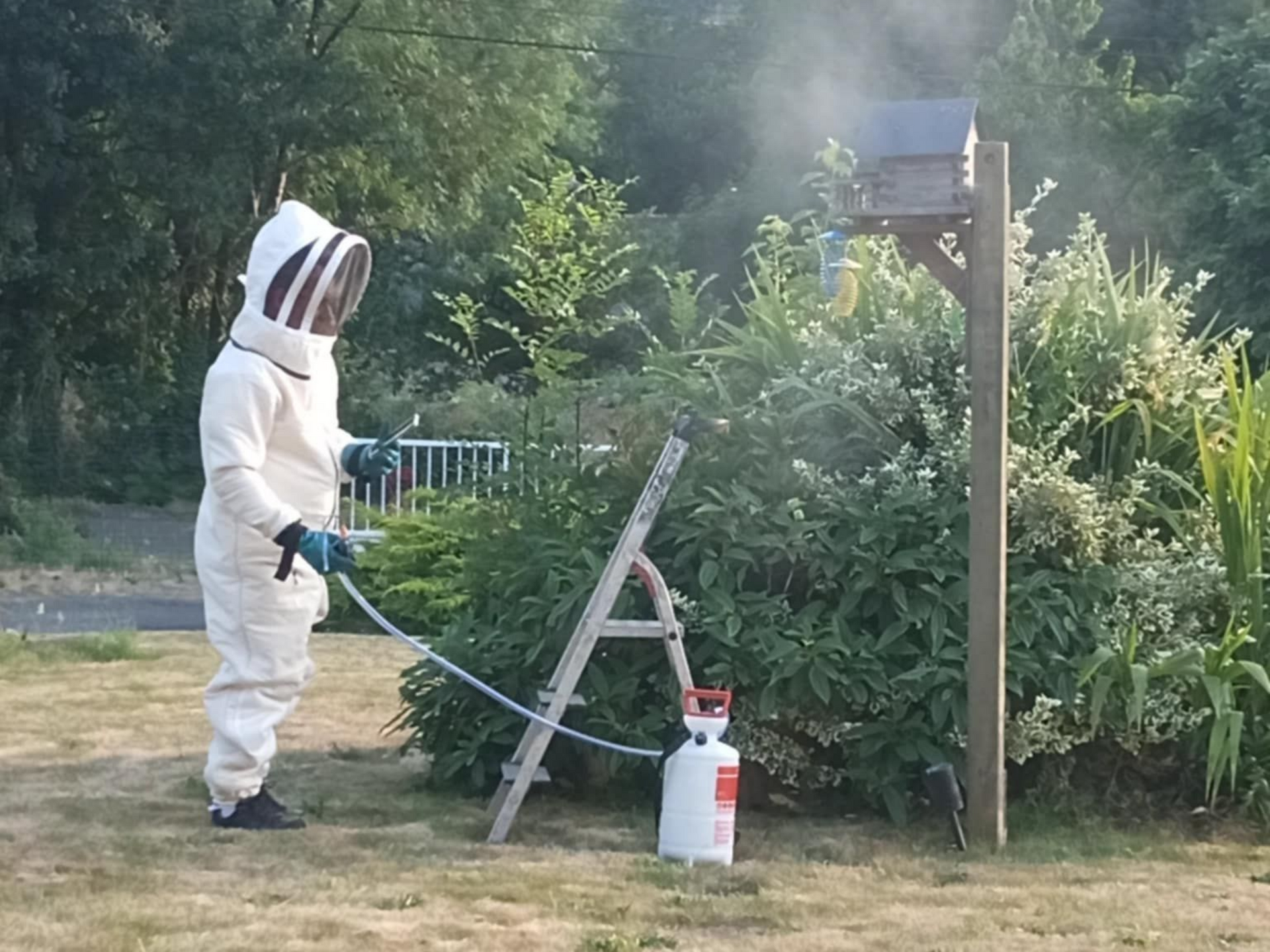 Désinsectiseur en combinaison de protection, utilisant un pulvérisateur près d'un nichoir dans un jardin.