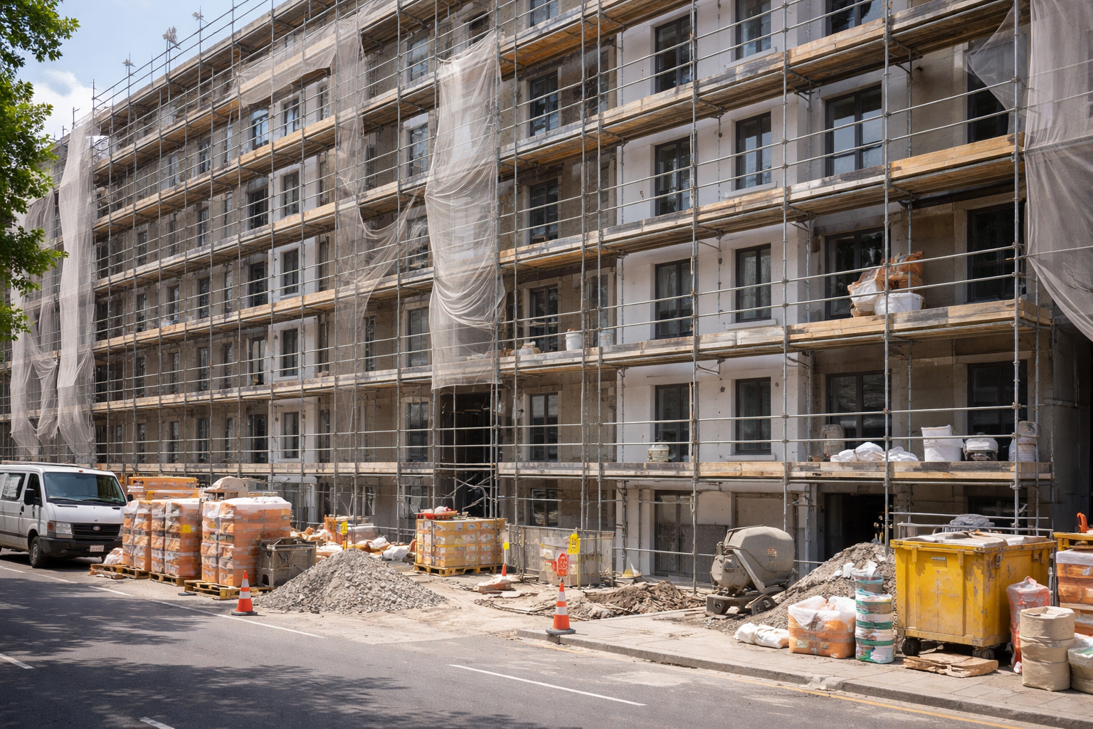 Bâtiment en construction avec échafaudages et matériaux de construction dans la rue.