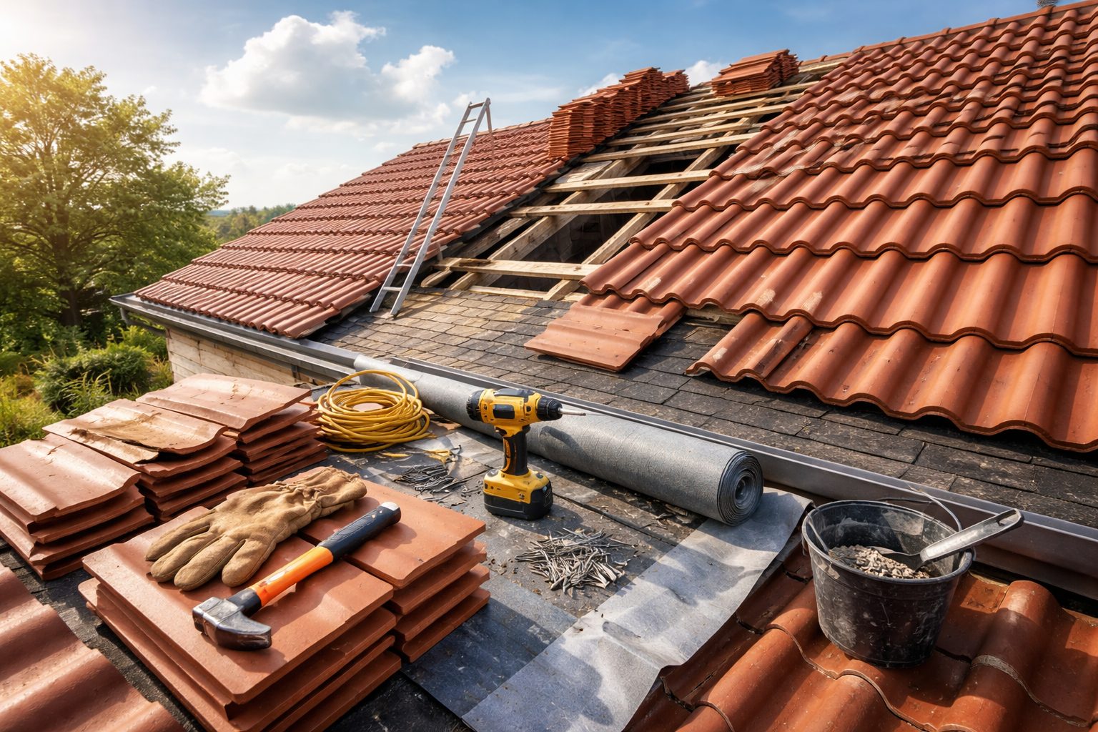 Toiture en construction avec tuiles rouges, outils et matériaux.